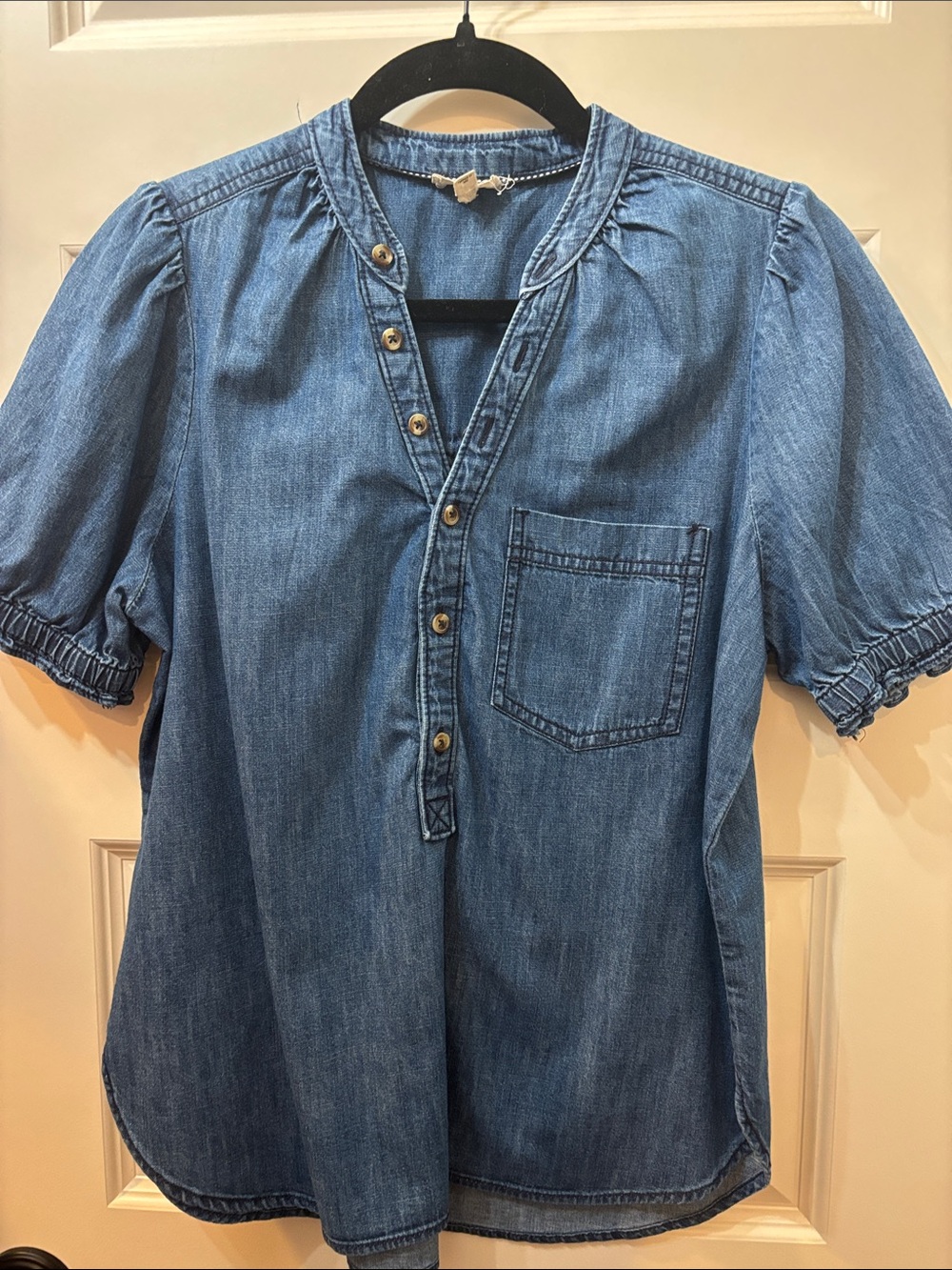 Denim Button Henley Top - Medium Blue